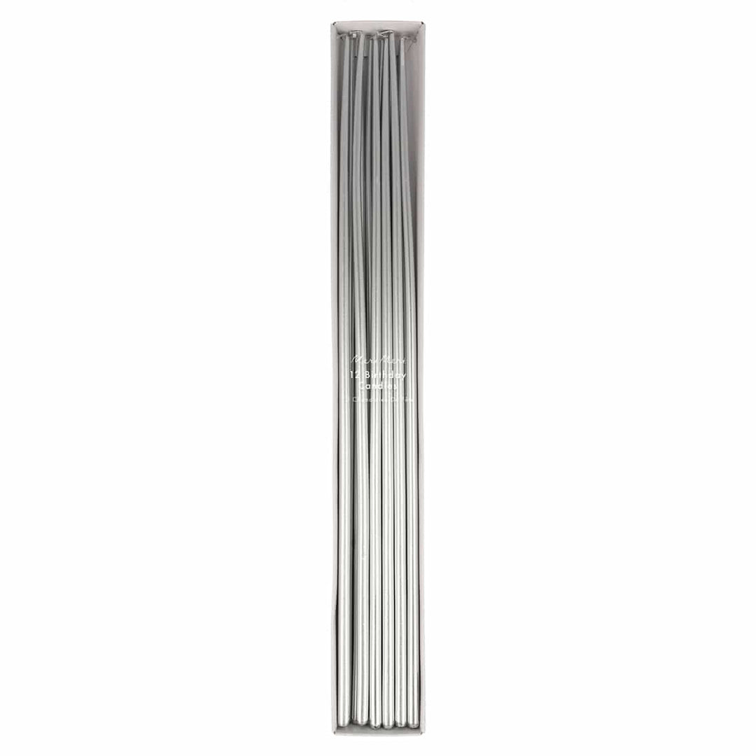Silver Tall Tapered Party Candles x 12 | Meri Meri Birthday Candles Silver Tall Tapered Party Candles x 12