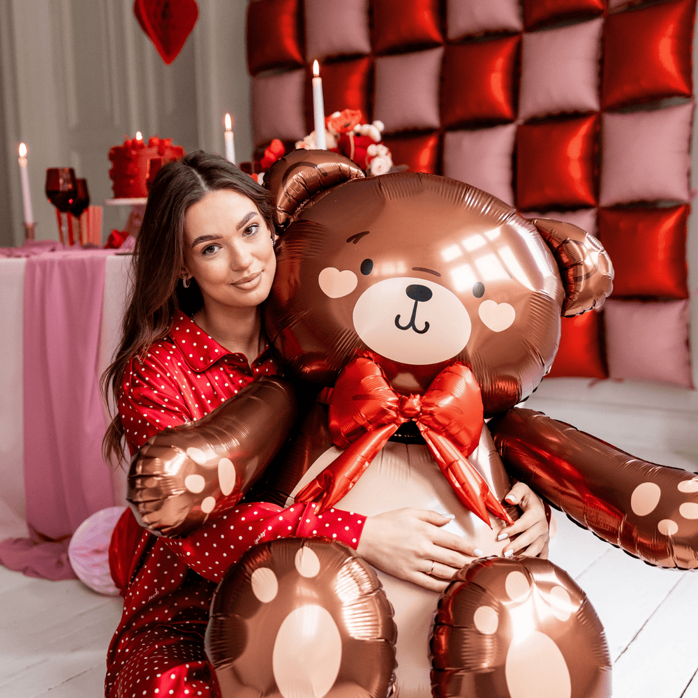 Sitting Teddy Bear with Bow Foil Balloon (34 inch) - Valentine's Decorations Balloons Sitting Teddy Bear with Bow Foil Balloon (34 inch)