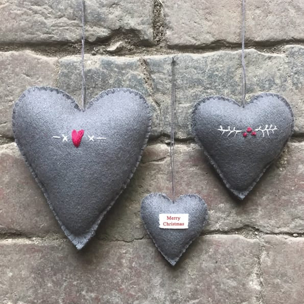 Small Grey Embroidered Christmas Heart Decoration | East of India Christmas Decoration East of India Small Embroidered Heart Christmas Decoration - Grey / Christmas