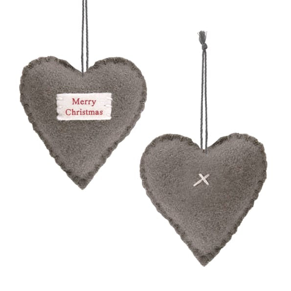 Small Grey Embroidered Christmas Heart Decoration | East of India Christmas Decoration East of India Small Embroidered Heart Christmas Decoration - Grey / Christmas