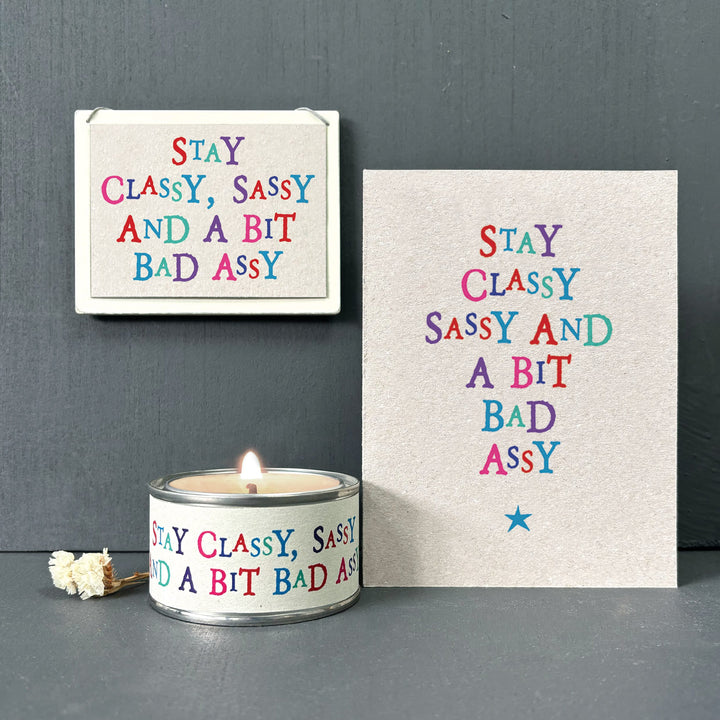 Stay Classy Sassy Wobbly Word Greetings Card | East of India Greetings Card East of India Wobbly Word Greetings Card - Stay Classy, Sassy &amp; A Bit Bad Assy