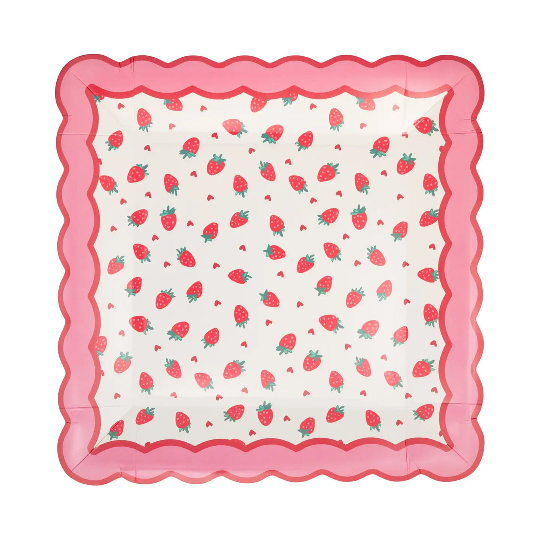 Strawberry Pattern Scallop Party Plates x 8 - My Mind's Eye Disposable Plates Strawberry Pattern Scallop Party Plates x 8