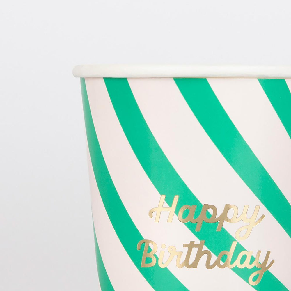 Stripe Happy Birthday Party Cups x 8 | Meri Meri Happy Birthday party cups Stripe Happy Birthday Party Cups x 8