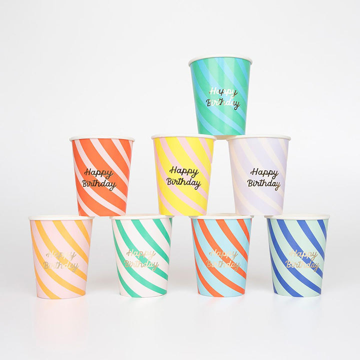 Stripe Happy Birthday Party Cups x 8 | Meri Meri Happy Birthday party cups Stripe Happy Birthday Party Cups x 8