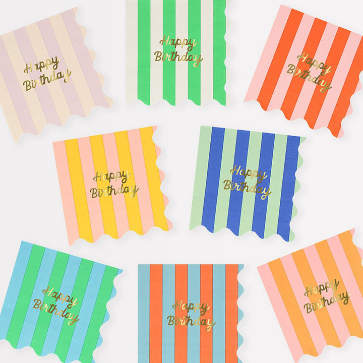 Stripe Happy Birthday Small Party Napkins x 16 | Meri Meri party napkins Stripe Happy Birthday Small Party Napkins x 16