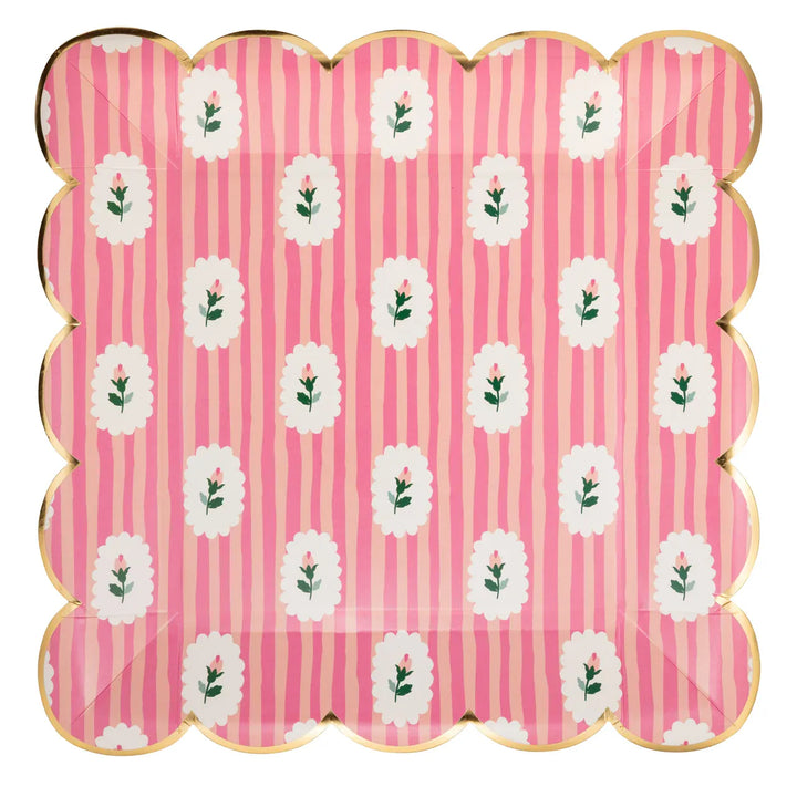 Striped Floral Pink Party Plates x 8 Disposable Plates Striped Floral Pink Party Plates x 8