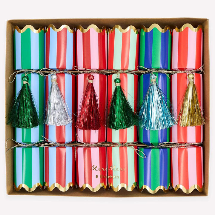 Striped Tinsel Tassel Christmas Crackers x 6 | Meri Meri christmas crackers Striped Tinsel Tassel Christmas Crackers x 6