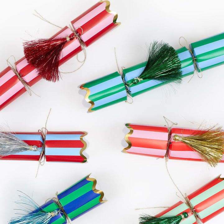 Striped Tinsel Tassel Christmas Crackers x 6 | Meri Meri christmas crackers Striped Tinsel Tassel Christmas Crackers x 6