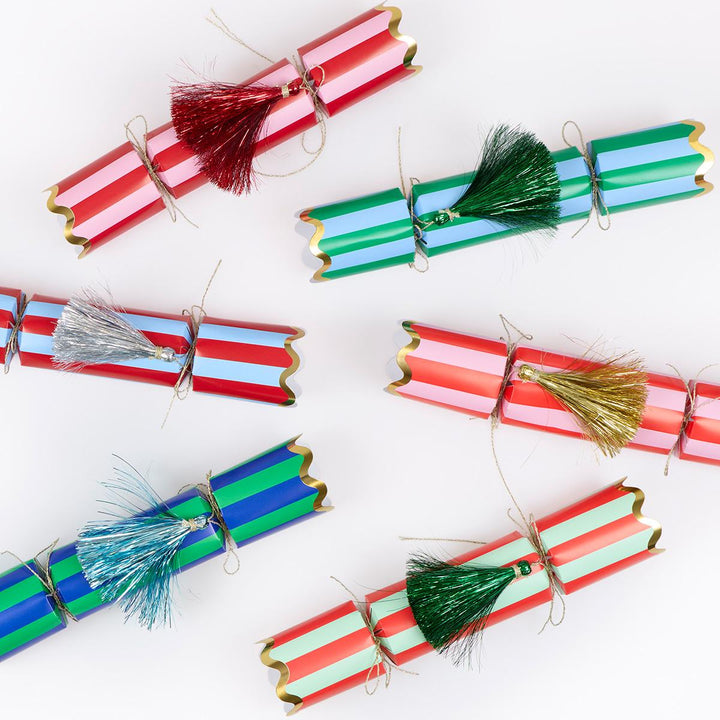 Striped Tinsel Tassel Christmas Crackers x 6 | Meri Meri christmas crackers Striped Tinsel Tassel Christmas Crackers x 6