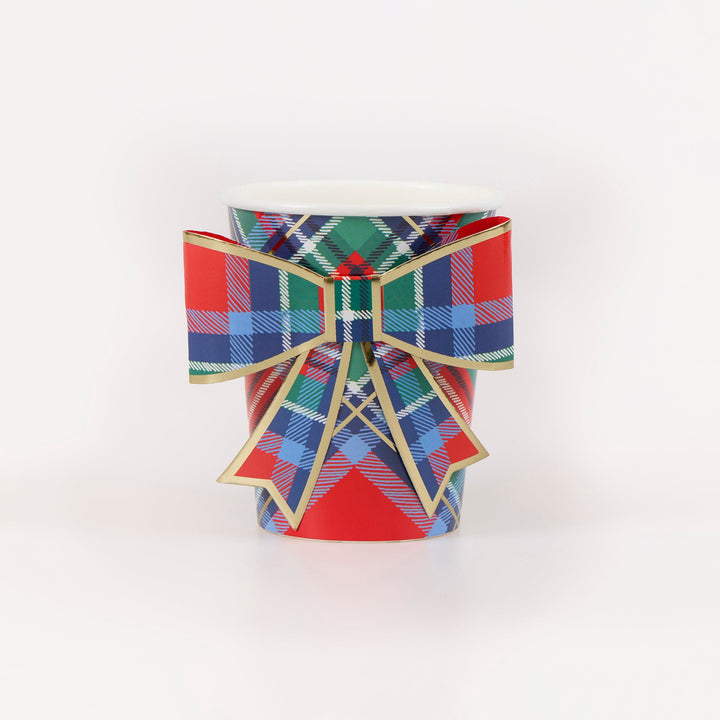 Tartan Mix Bow Christmas Party Cups x 8 | Meri Meri Christmas Tartan party cups Tartan Mix Bow Christmas Party Cups x 8
