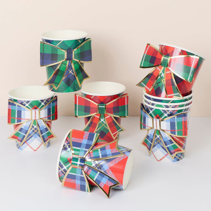 Tartan Mix Bow Christmas Party Cups x 8 | Meri Meri Christmas Tartan party cups Tartan Mix Bow Christmas Party Cups x 8