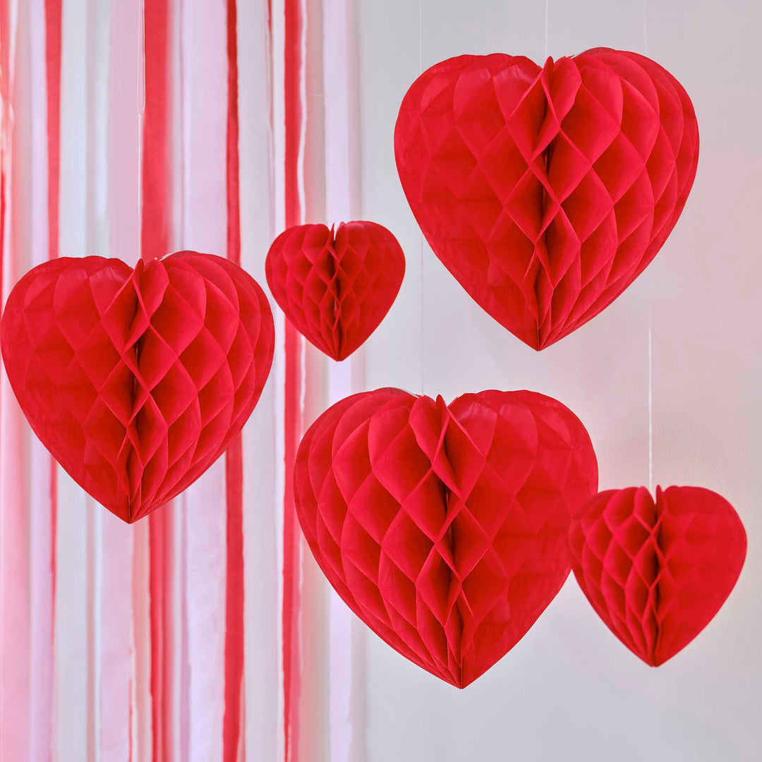 Valentine's Day - Honeycomb Hanging Heart Decorations x 5 Paper Decoration Honeycomb Hanging Heart Decorations x 5