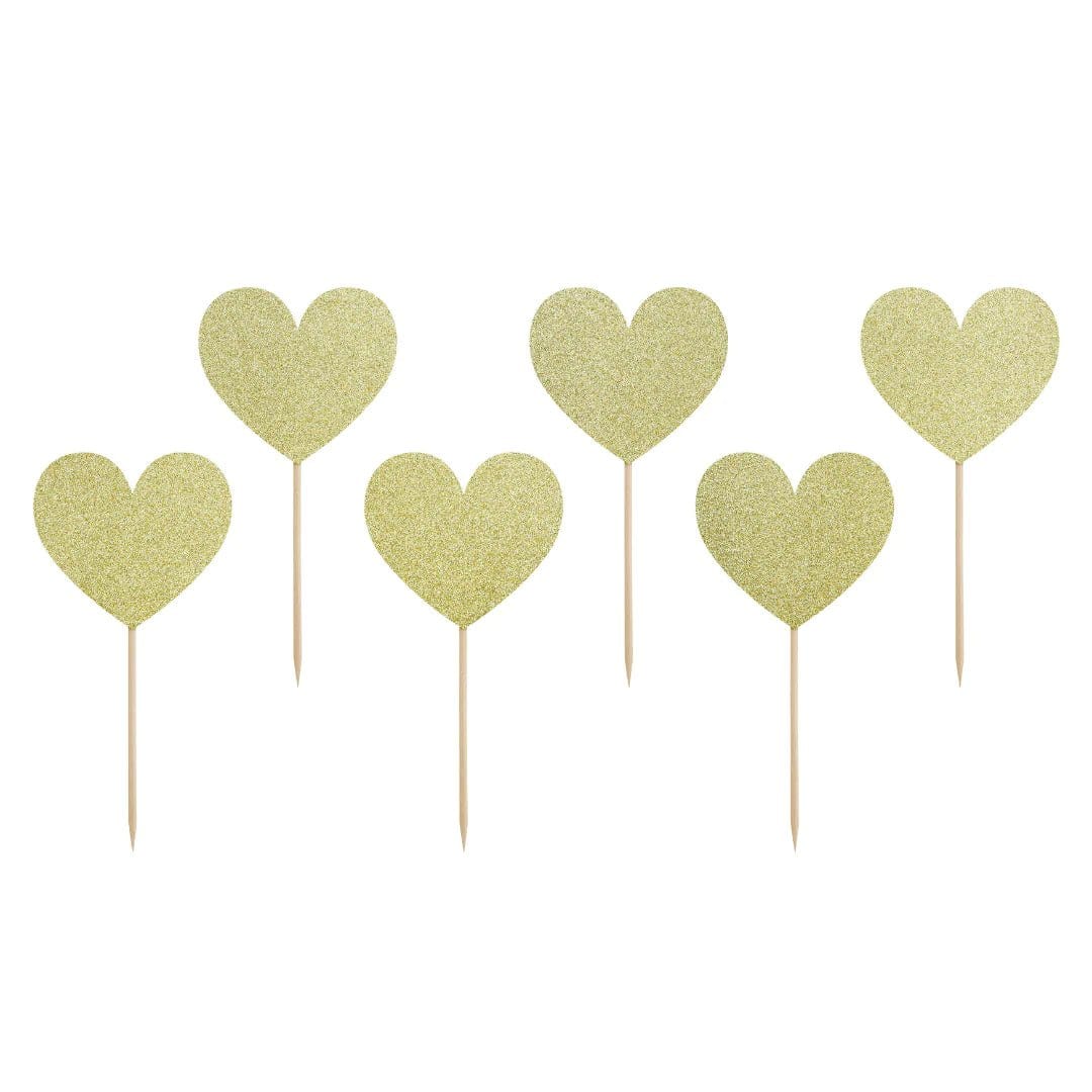 Valentines Gold Heart Cupcake Toppers x 6 Cake Topper Gold Glitter Heart Cupcake Toppers x 6