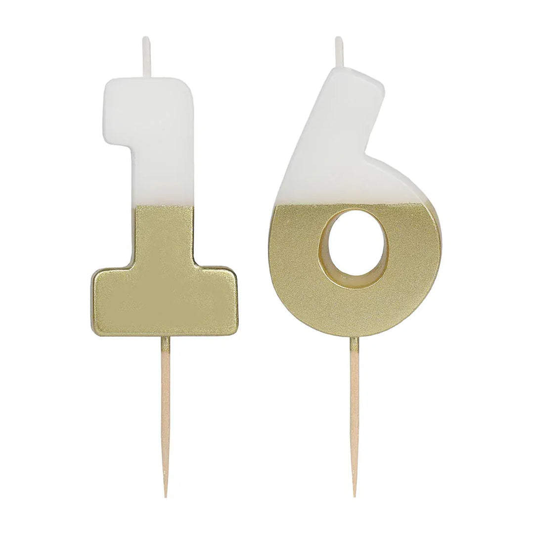 White &amp; Gold Birthday Number Candle - 16 | 16th Cake Candles  Birthday Candles White &amp; Gold 16th Birthday Candle