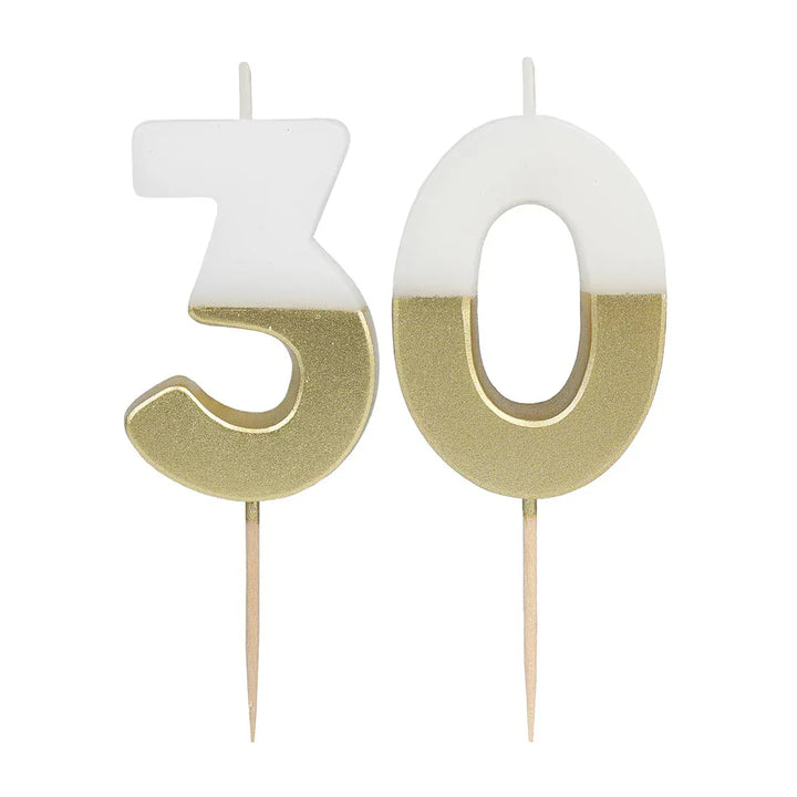 White &amp; Gold Birthday Number Candle - 30 | 30th Cake Candles  Birthday Candles White &amp; Gold 30th Birthday Candle