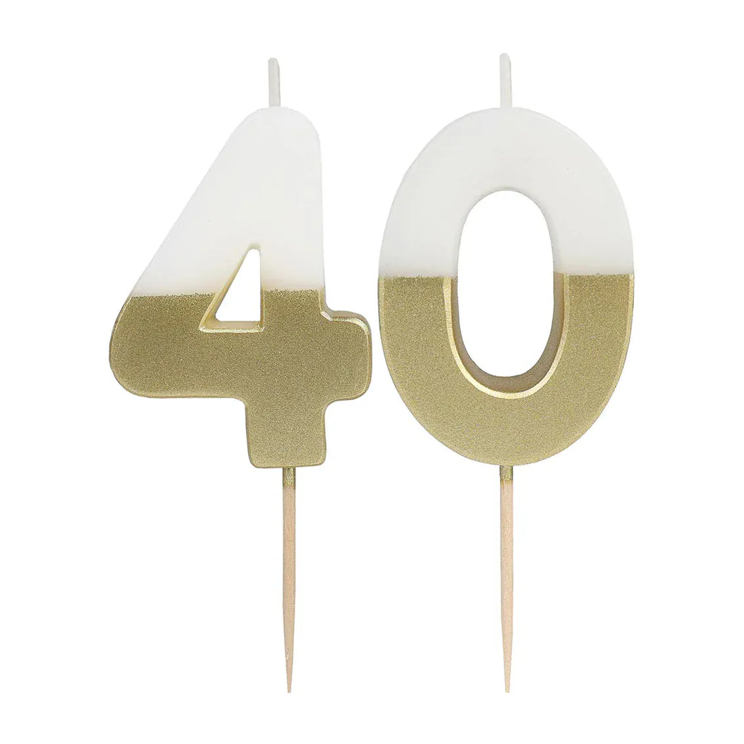 White &amp; Gold Birthday Number Candle - 40 | 40th Cake Candles  Birthday Candles White &amp; Gold 40th Birthday Candle