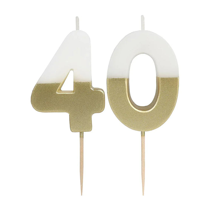 White &amp; Gold Birthday Number Candle - 40 | 40th Cake Candles  Birthday Candles White &amp; Gold 40th Birthday Candle