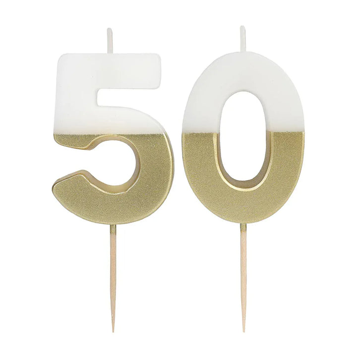White &amp; Gold Birthday Number Candle - 50 | 50th Cake Candles  Birthday Candles White &amp; Gold 50th Birthday Candle