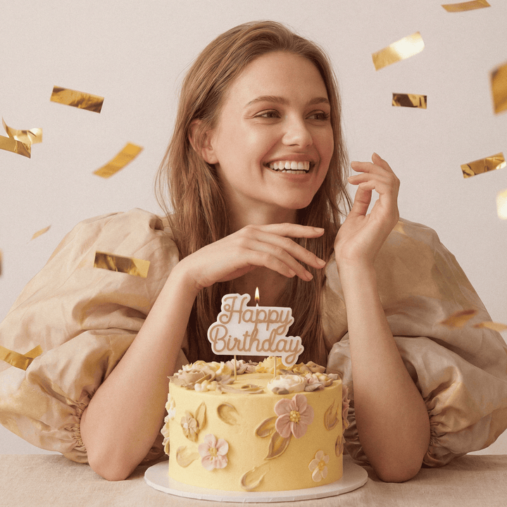 White &amp; Gold Happy Birthday Candle Birthday Candles White &amp; Gold Happy Birthday Candle
