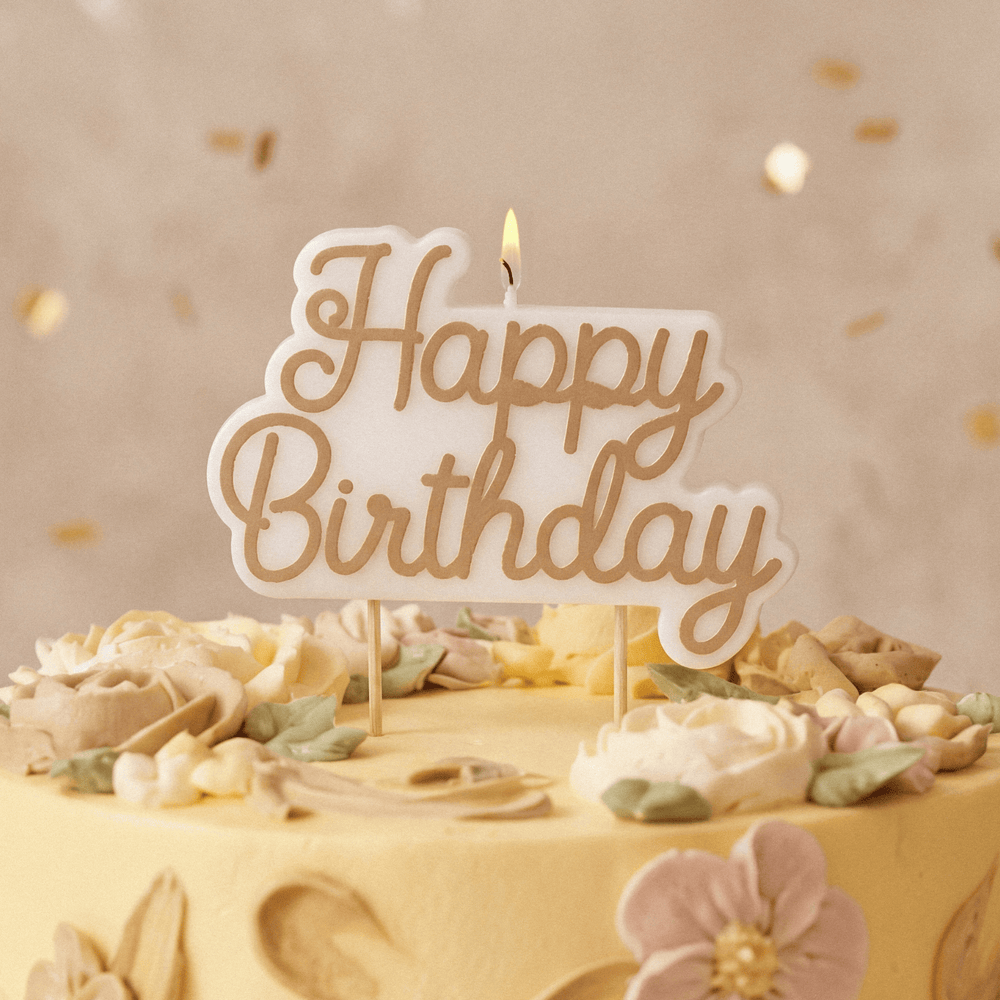 White & Gold Happy Birthday Candle Birthday Candles White & Gold Happy Birthday Candle