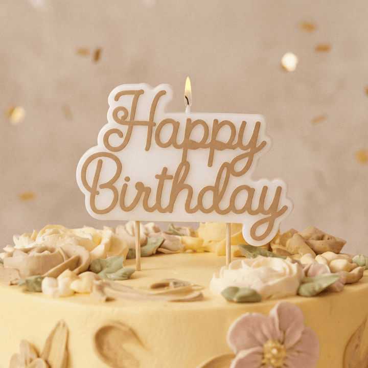 White &amp; Gold Happy Birthday Candle Birthday Candles White &amp; Gold Happy Birthday Candle