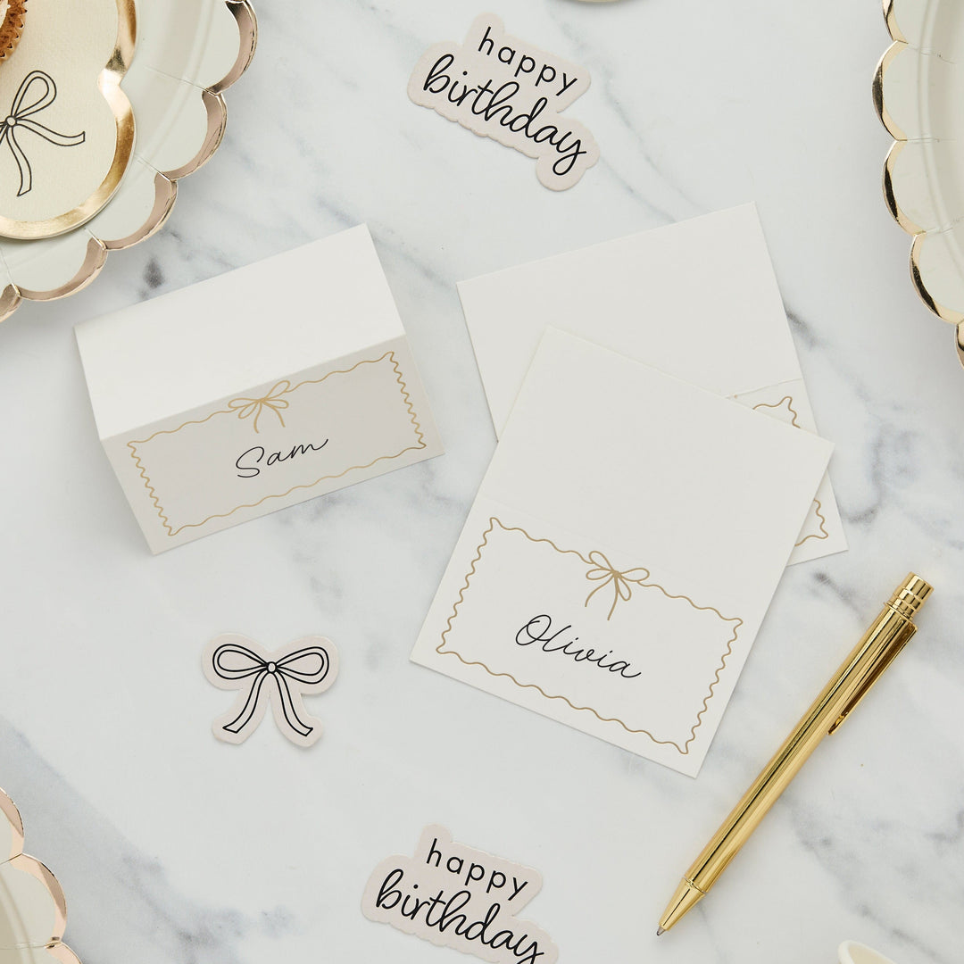 White & Gold Wavy Edge Bow Place Cards x 8 place cards White & Gold Wavy Edge Bow Place Cards x 8
