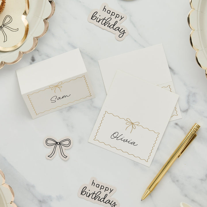 White & Gold Wavy Edge Bow Place Cards x 8 place cards White & Gold Wavy Edge Bow Place Cards x 8
