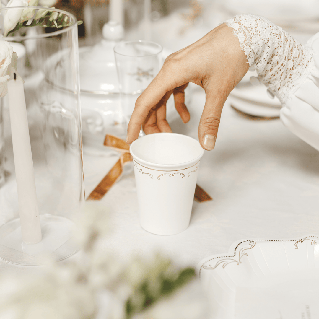 White Lace Style Paper Cups x 6 - Lace Tablescapes Disposable Cups White Lace Style Paper Cups x 6