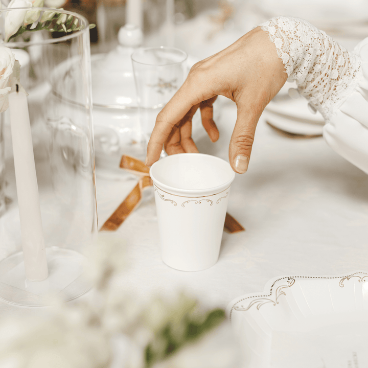 White Lace Style Paper Cups x 6 - Lace Tablescapes Disposable Cups White Lace Style Paper Cups x 6