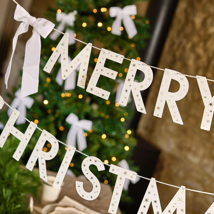 White Merry Christmas Banner With Velvet Bows - 2m | Hootyballoo Bunting White Merry Christmas Banner With Velvet Bows - 2m