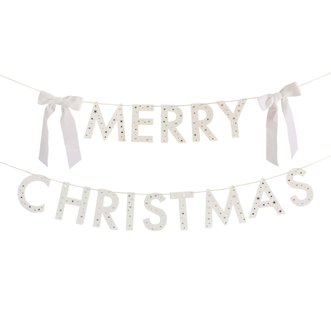 White Merry Christmas Banner With Velvet Bows - 2m | Hootyballoo Bunting White Merry Christmas Banner With Velvet Bows - 2m