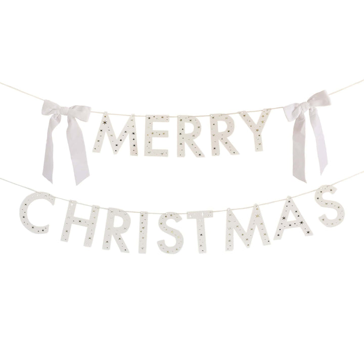 White Merry Christmas Banner With Velvet Bows - 2m | Hootyballoo Bunting White Merry Christmas Banner With Velvet Bows - 2m