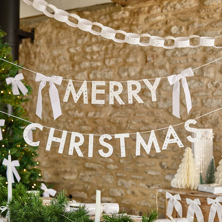 White Merry Christmas Banner With Velvet Bows - 2m | Hootyballoo Bunting White Merry Christmas Banner With Velvet Bows - 2m