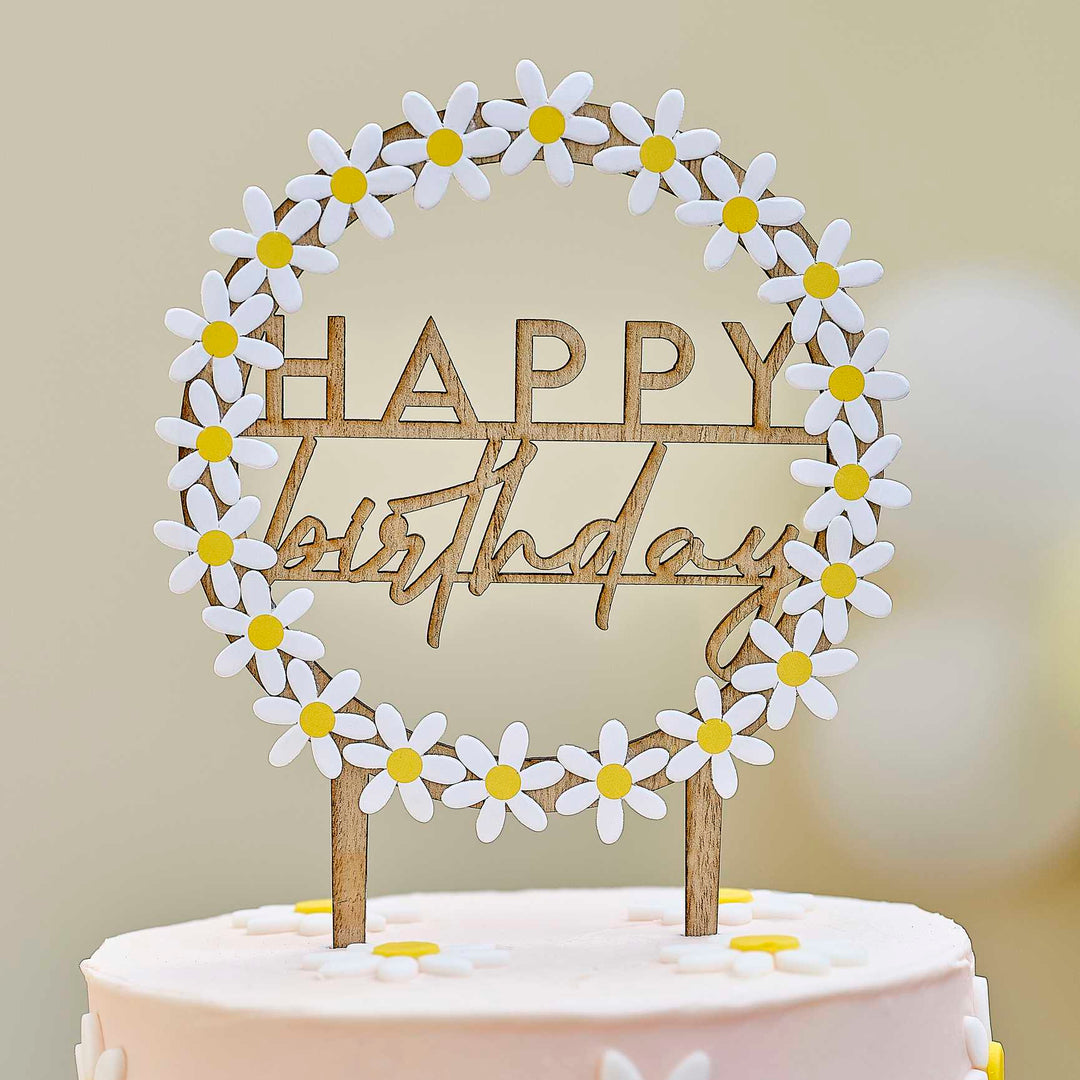 Wooden Happy Birthday Cake Topper with Daisies - Daisy Party Supplies Cake Topper Wooden Happy Birthday Cake Topper with Daisies