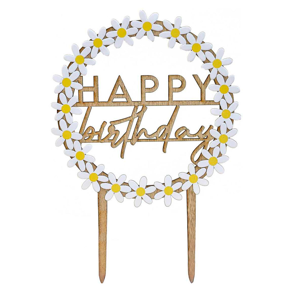 Wooden Happy Birthday Cake Topper with Daisies - Daisy Party Supplies Cake Topper Wooden Happy Birthday Cake Topper with Daisies