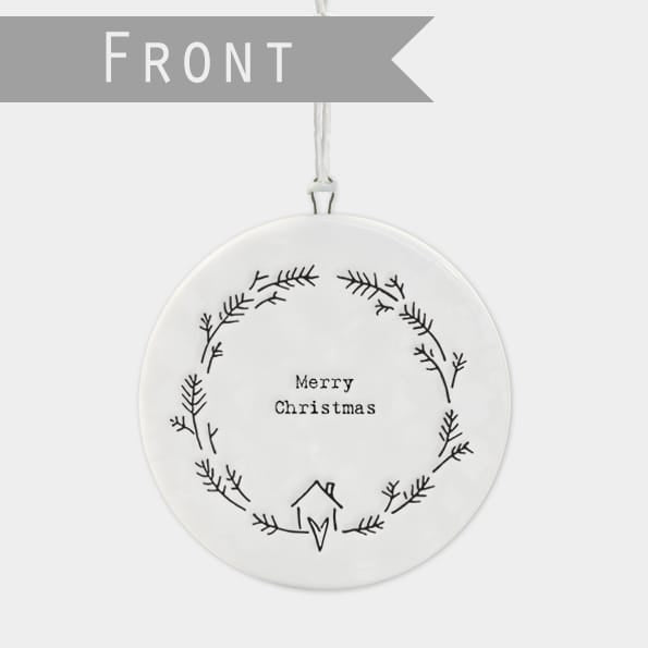 Wreath Merry Christmas Porcelain Flat Bauble | East of India Bauble East of India Porcelain Flat Bauble - Wreath Merry Christmas
