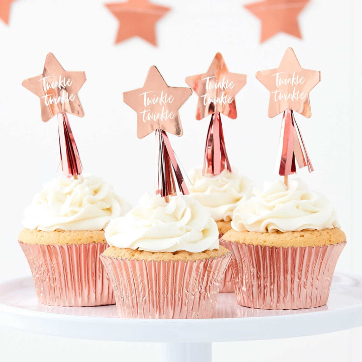Cake Decorating Supplies 12 x Twinkle Twinkle Rose Gold Star Cupcake Toppers