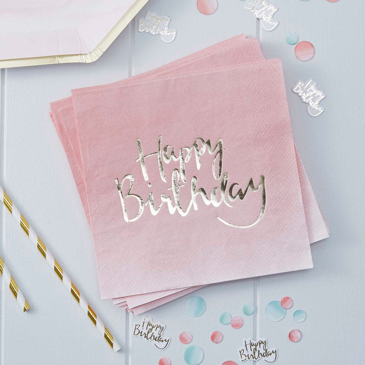 Paper Napkins 20 x Gold Foiled Pink Ombre Happy Birthday Napkins
