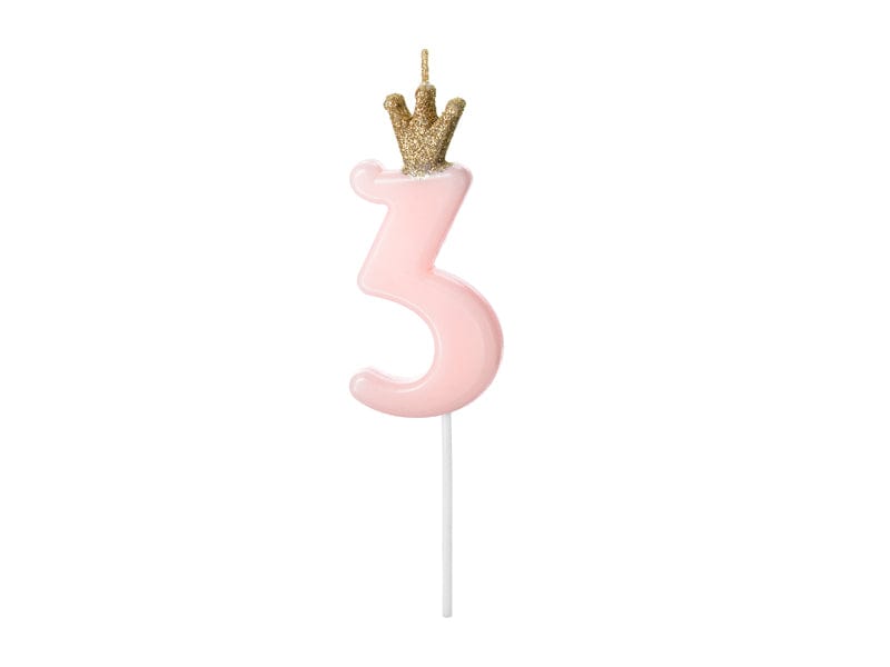 Birthday Candles 3rd Birthday Number 3 Light Pink & Gold Crown Candle