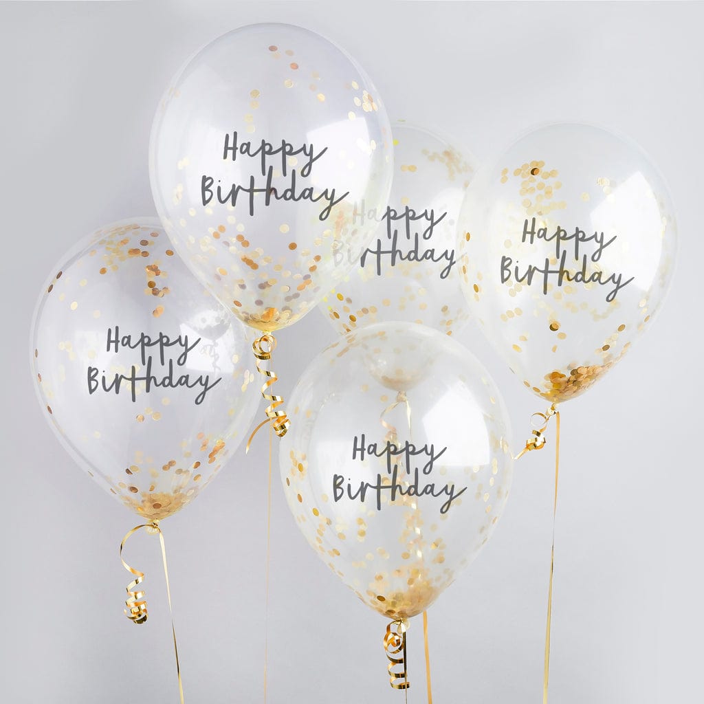 Balloons 5 x Gold Confetti Happy Birthday Balloons