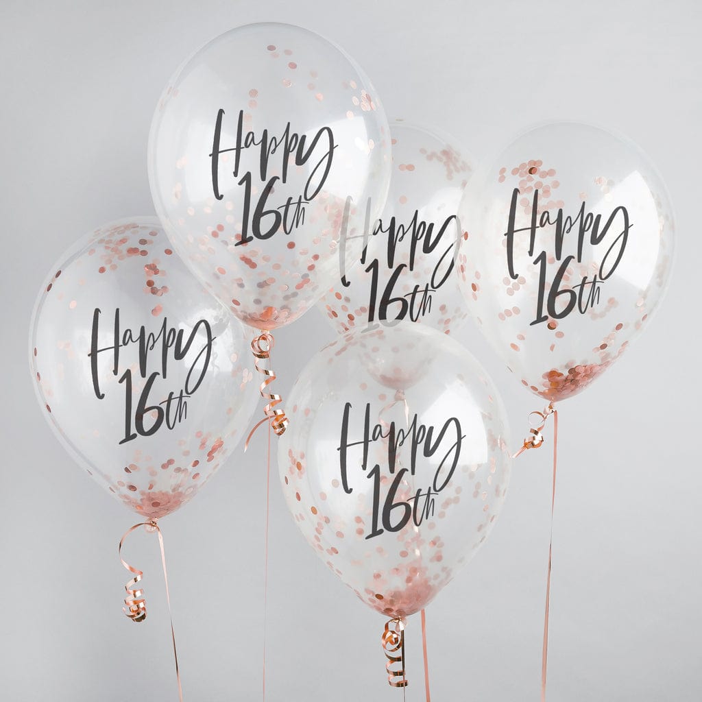 Balloons 5 x Rose Gold 'Happy 16th' Confetti Balloons