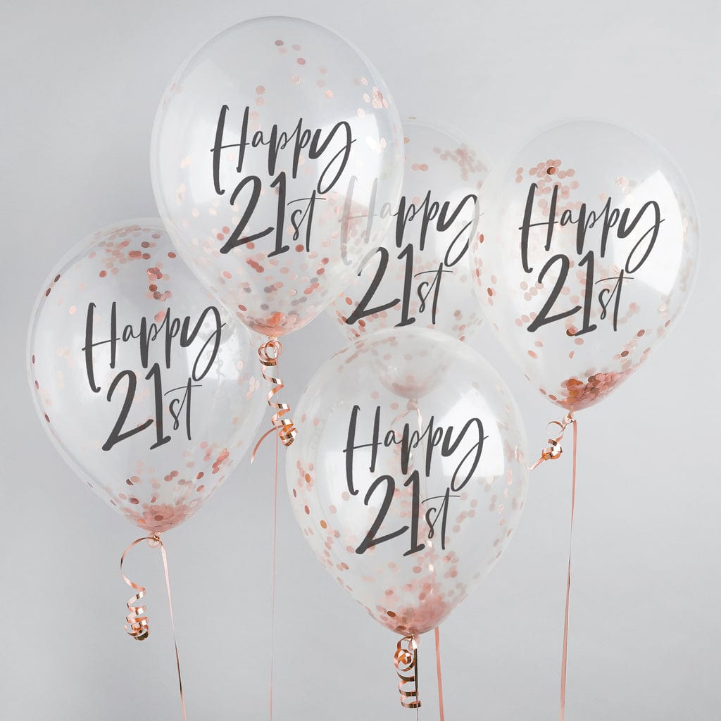 Balloons 5 x Rose Gold 'Happy 21st' Confetti Balloons