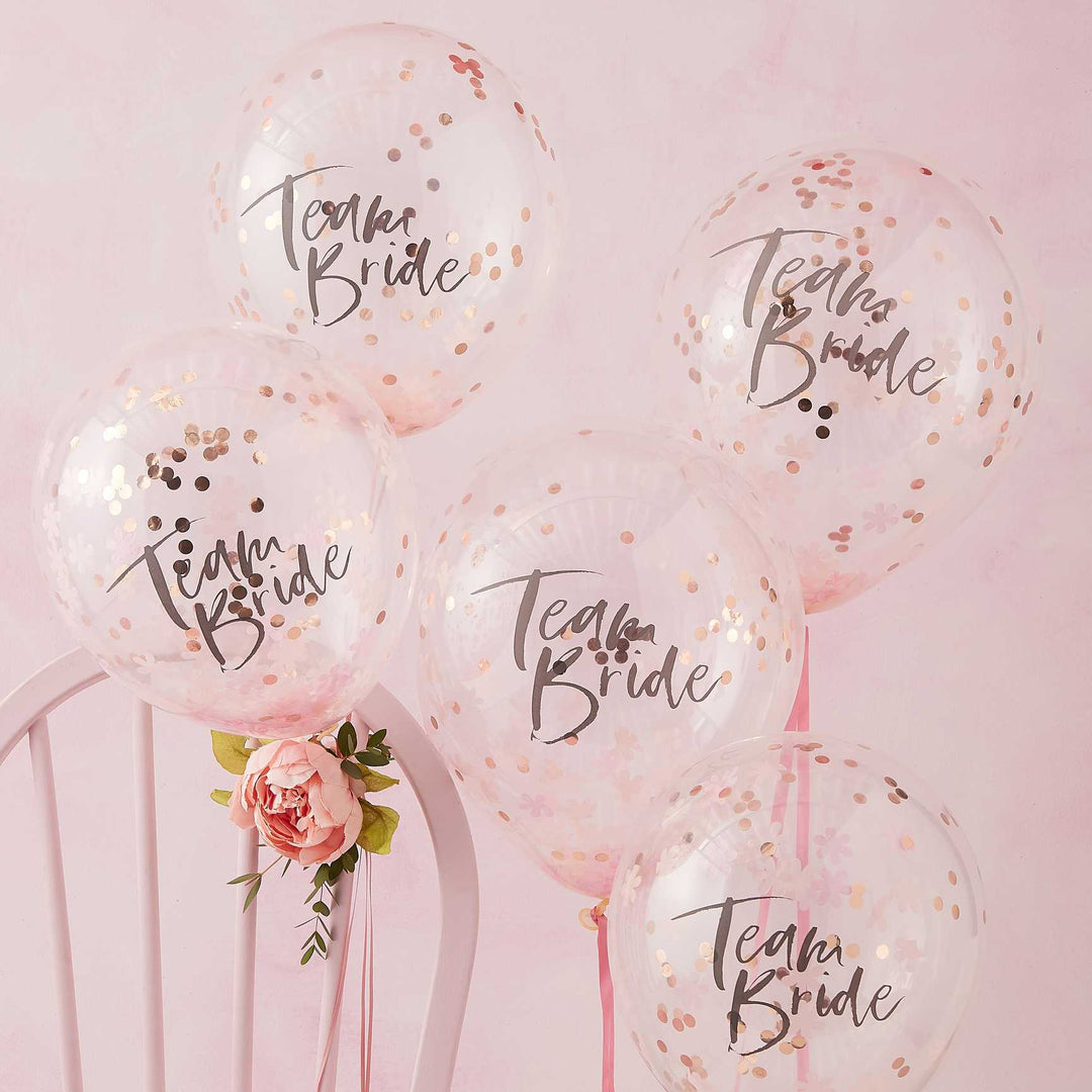 Balloons 5 x Team Bride Rose Gold and Pink Blush Confetti Balloons
