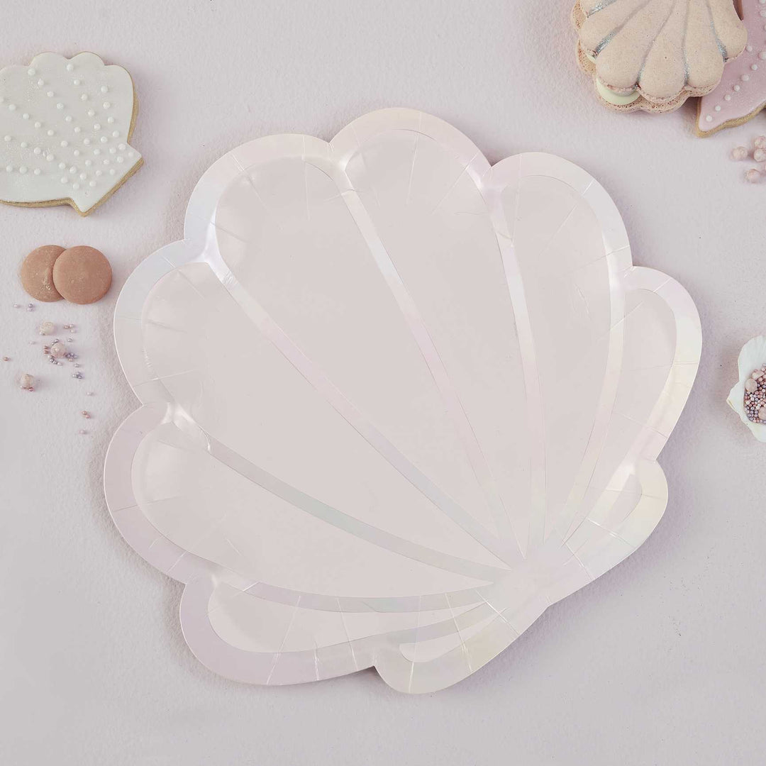 Party Supplies 8 Iridescent and Pink Mermaid Shell Shaped Paper Plates