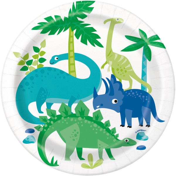 Disposable Tableware Blue & Green Dinosaur Round 7" Dessert Plates x 8