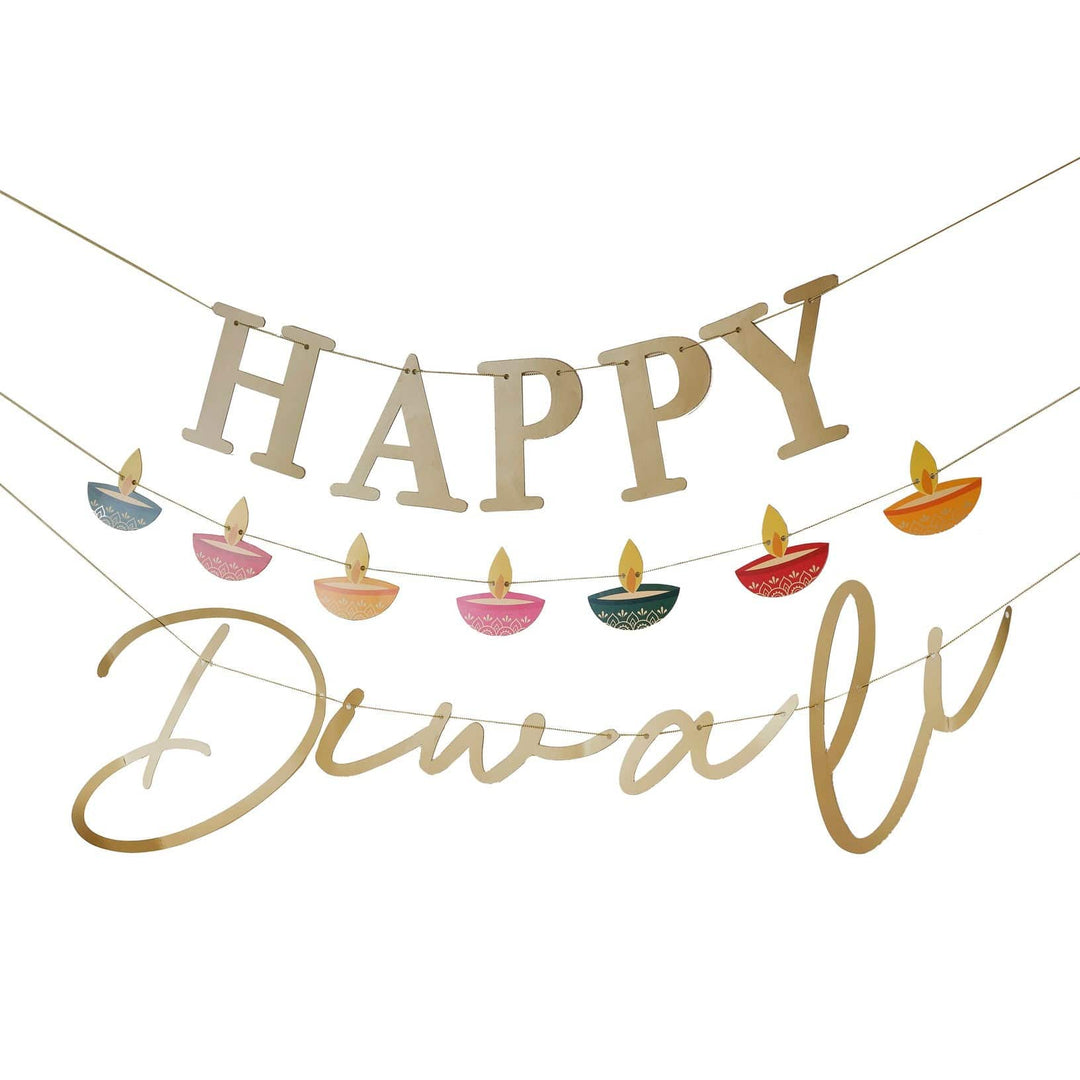 Diwali Decorations - Gold Happy Diwali Bunting Banners Gold Happy Diwali Bunting