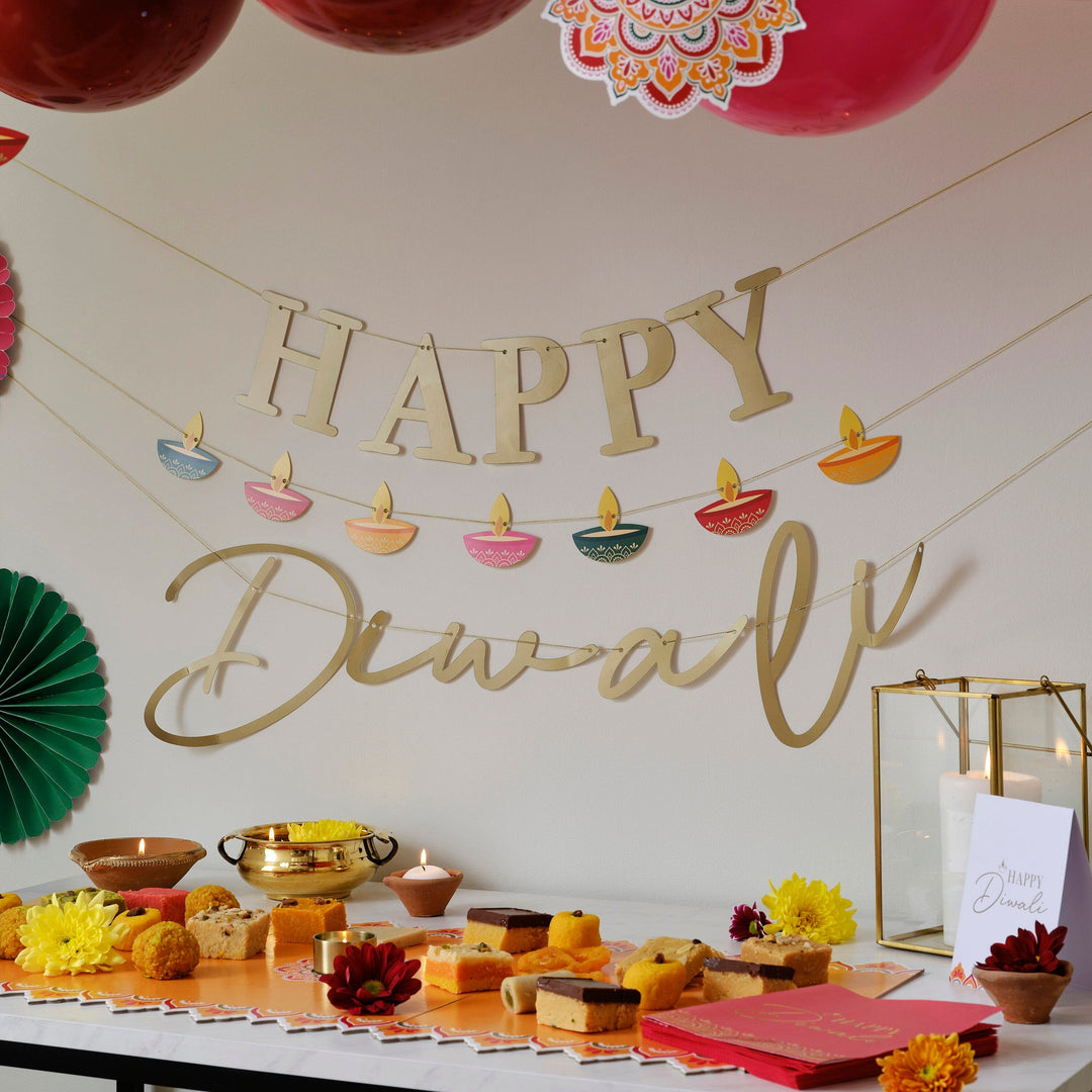 Diwali Decorations - Gold Happy Diwali Bunting Banners Gold Happy Diwali Bunting