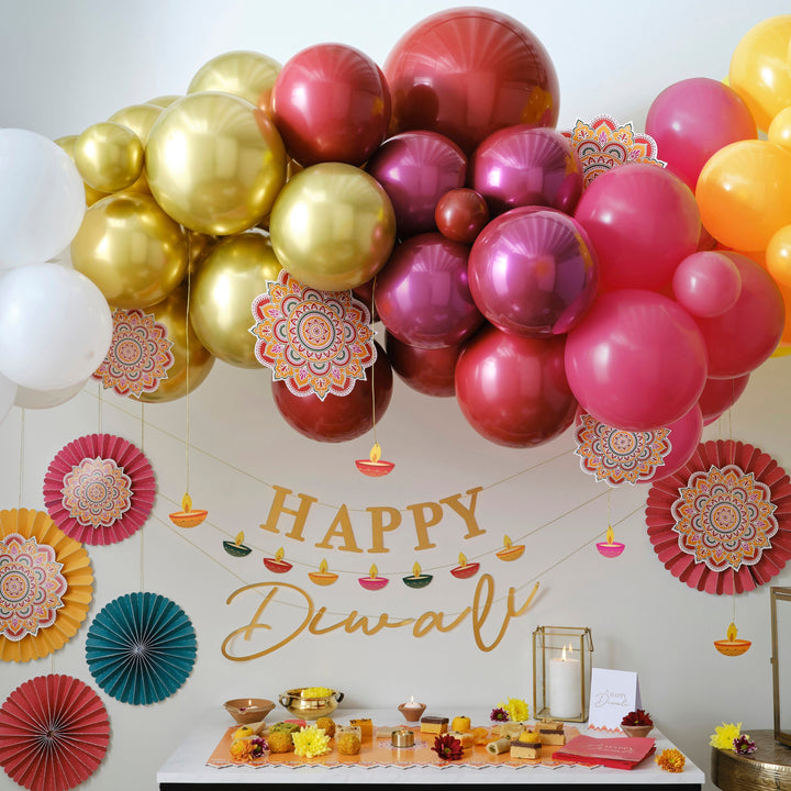 Diwali Decorations - Multicoloured Diwali Paper Fan Decorations Paper Fans Diwali Balloon Arch Kit with Fans and Tealight Card Decorations
