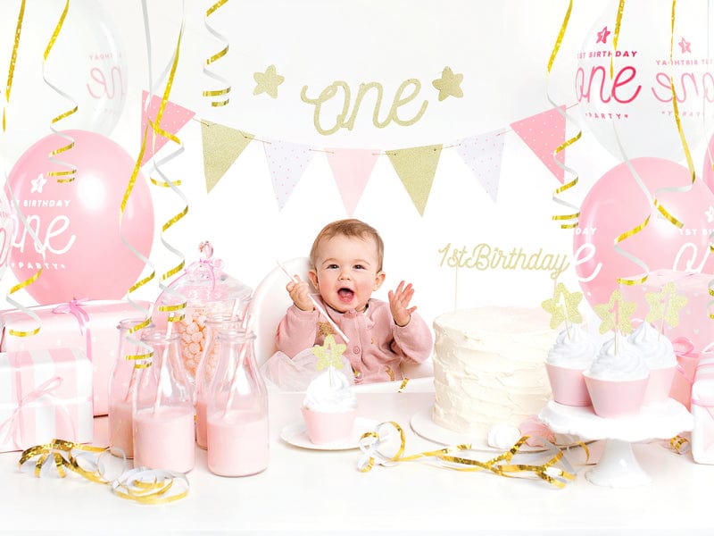 First Birthday Gold Glitter Cupcake Toppers x 6