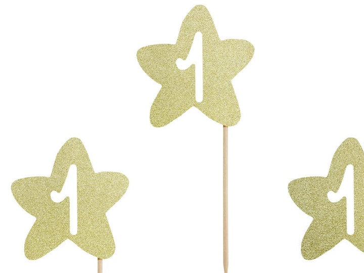 First Birthday Gold Glitter Cupcake Toppers x 6